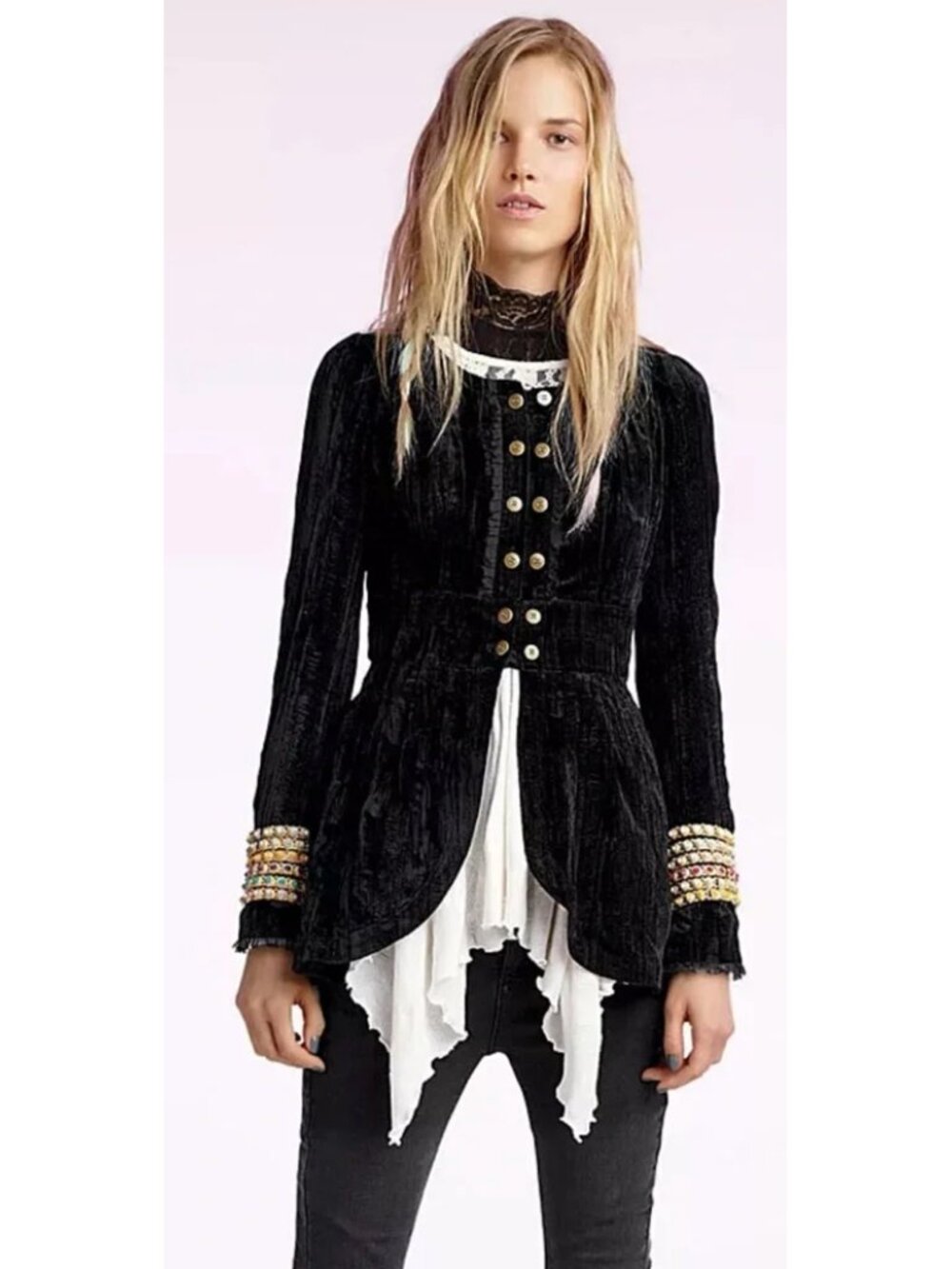 Free People Black Velvet Victorian Jacket - Military Style Blazer
